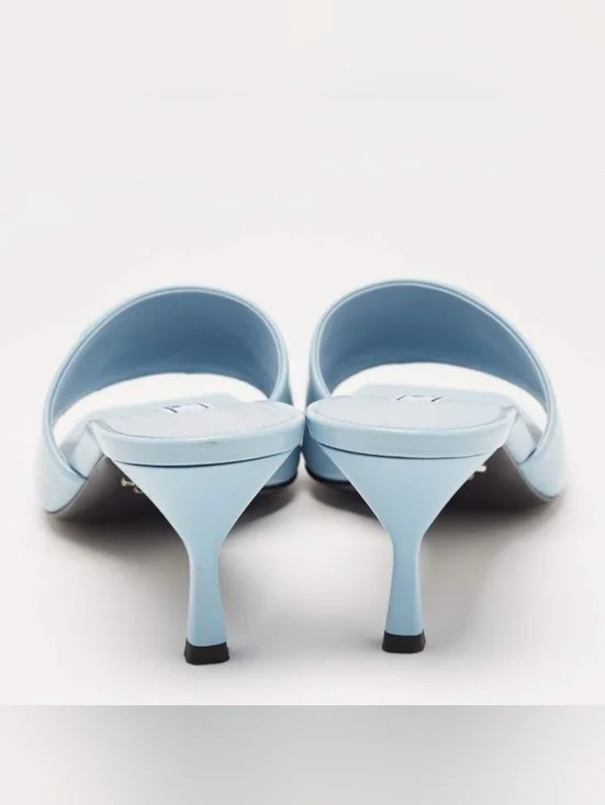 PRADA Burnished Leather Heeled Slide Sandals In Celeste EU 37.5 US 7.5 Org $1295 - Picture 5 of 16